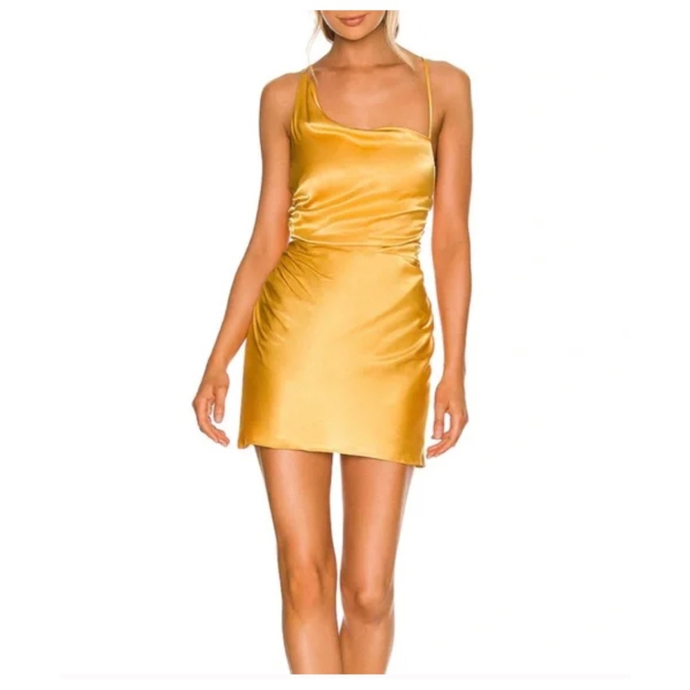Alma Asymmetrical Bias Cowl Mini Dress in Saffron